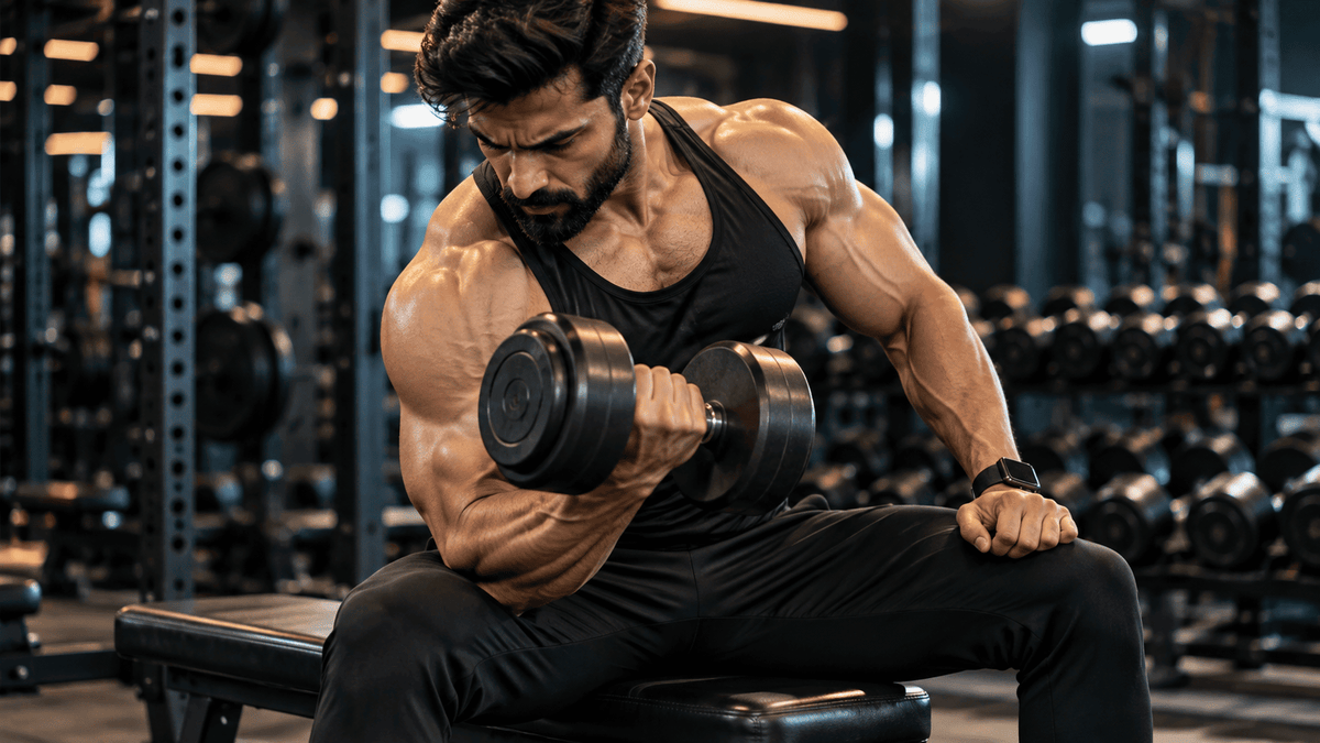 Man experiencing bicep muscle pain while working out in gym