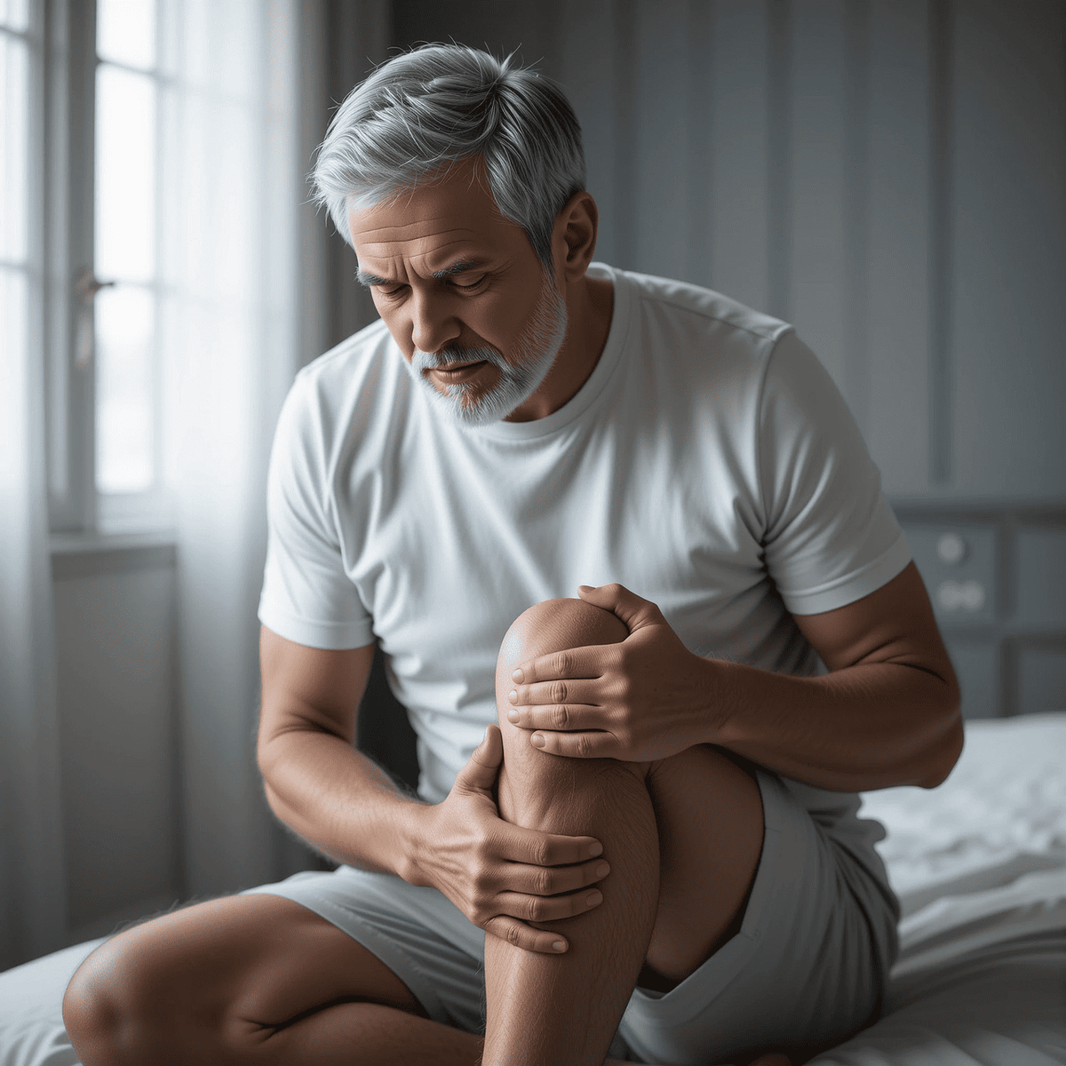 man with knee pain thinking about using jc best oil for pain relief