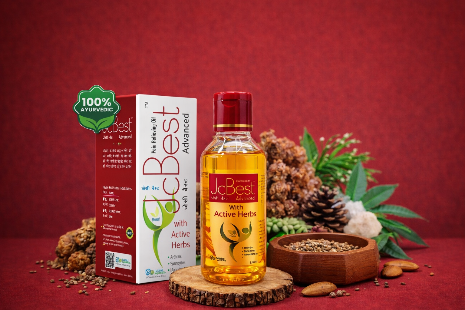 JcBest Active Herbs bottle and packaging on a red background with natural elements.